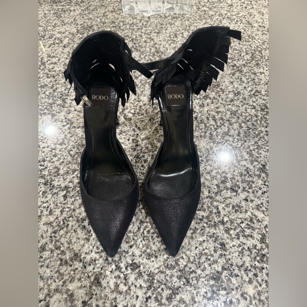 Rodo Black Fringe Heels